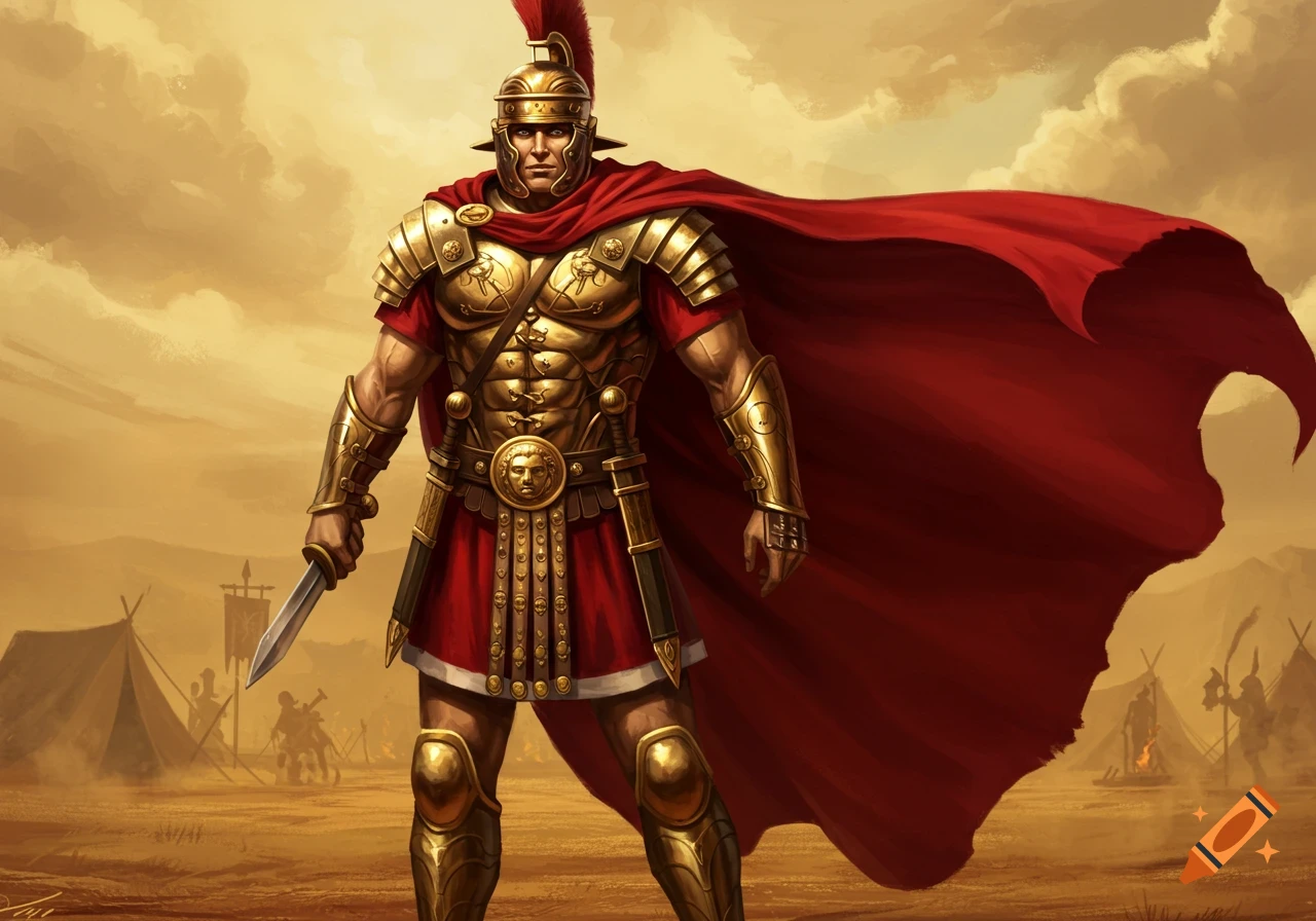 A muscular Roman legionary in golden muscle armor and a flowing red cloak, holding a dagger, stands in a desert camp under a cloudy sky.