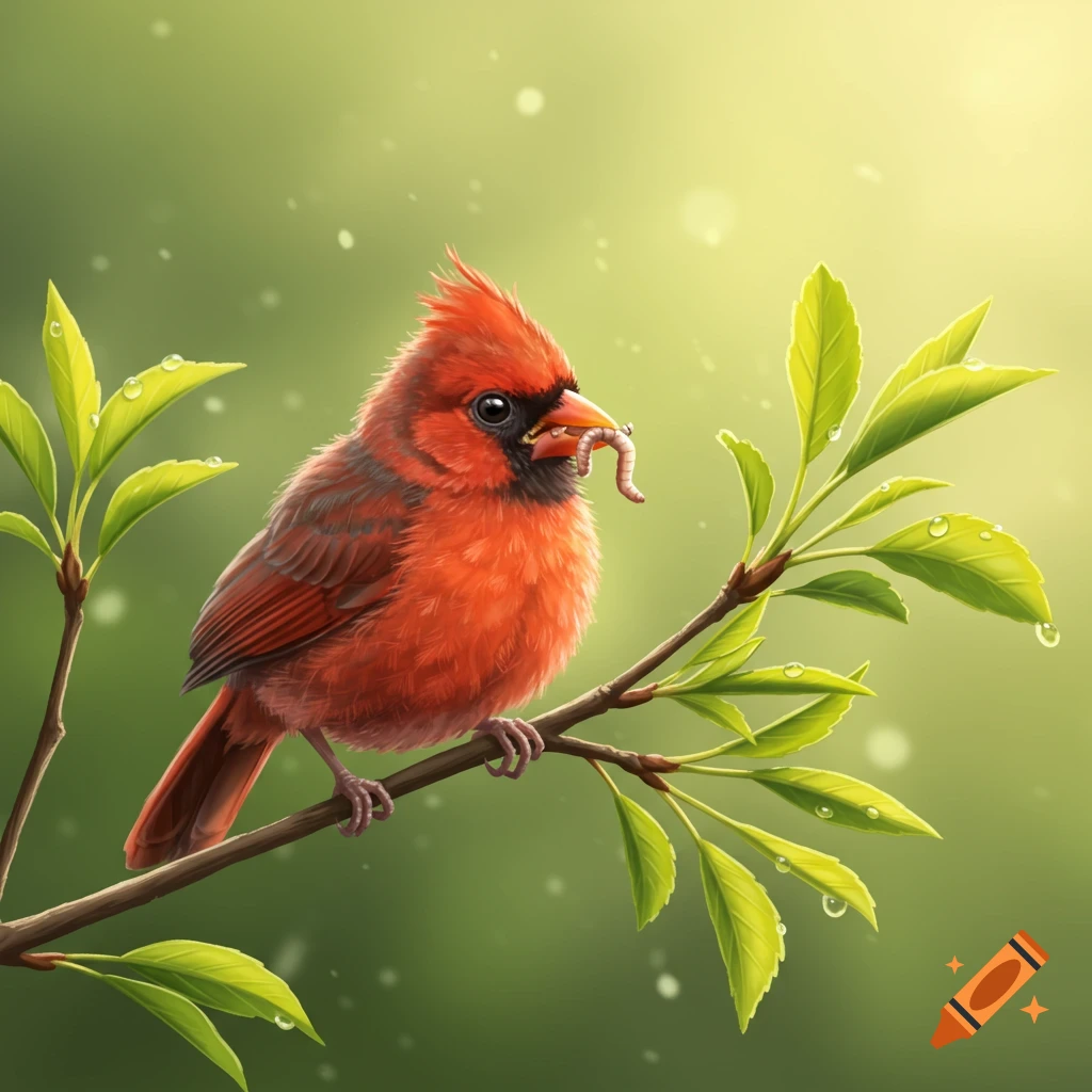 A red cardinal perches on a branch, holding a worm in its beak, against a green background.