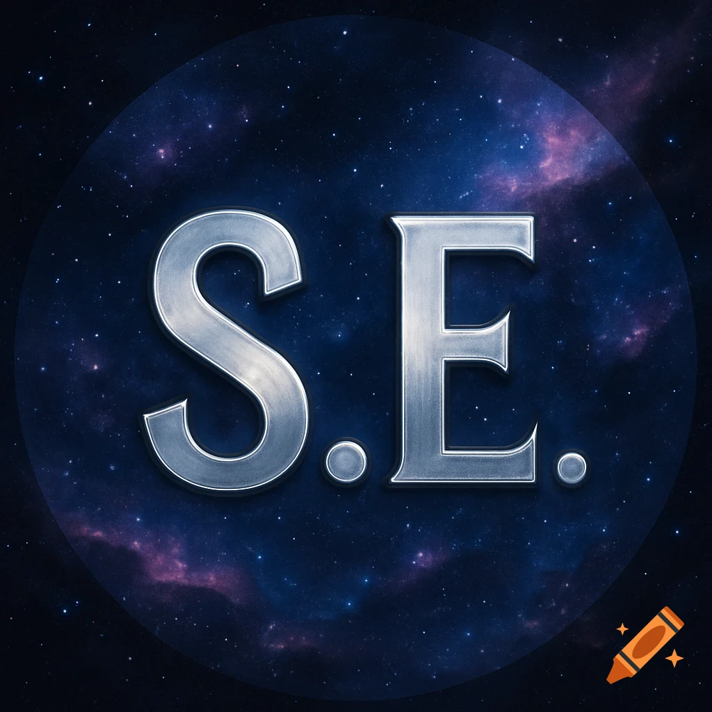 Silver metallic letters "S.E." with periods, centered within a circle against a dark blue and purple starry galaxy background.