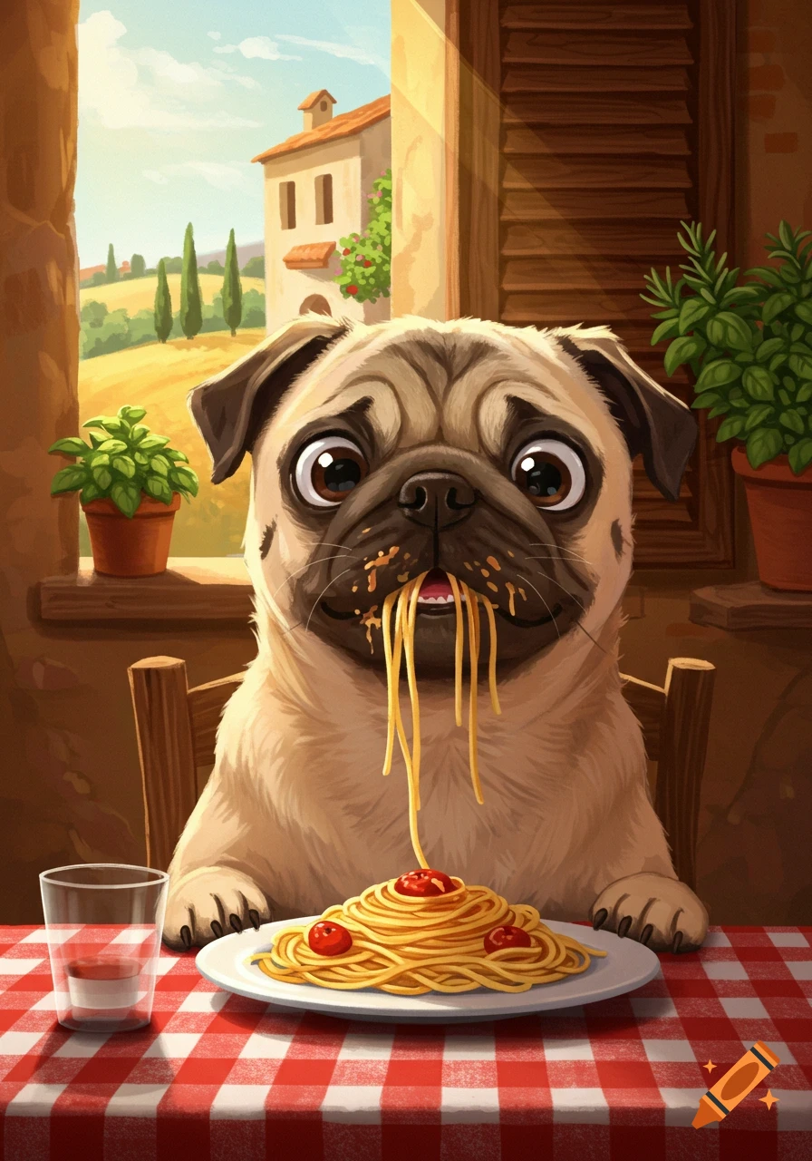 Illustrated pug dog messily eating spaghetti with sauce at a table with a checkered tablecloth, looking out a window at an Italian countryside.