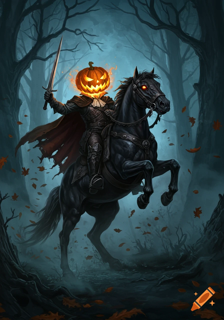A dark, atmospheric fantasy illustration of the Headless Horseman riding a black horse through a spooky, mist-laden forest, holding a sword.