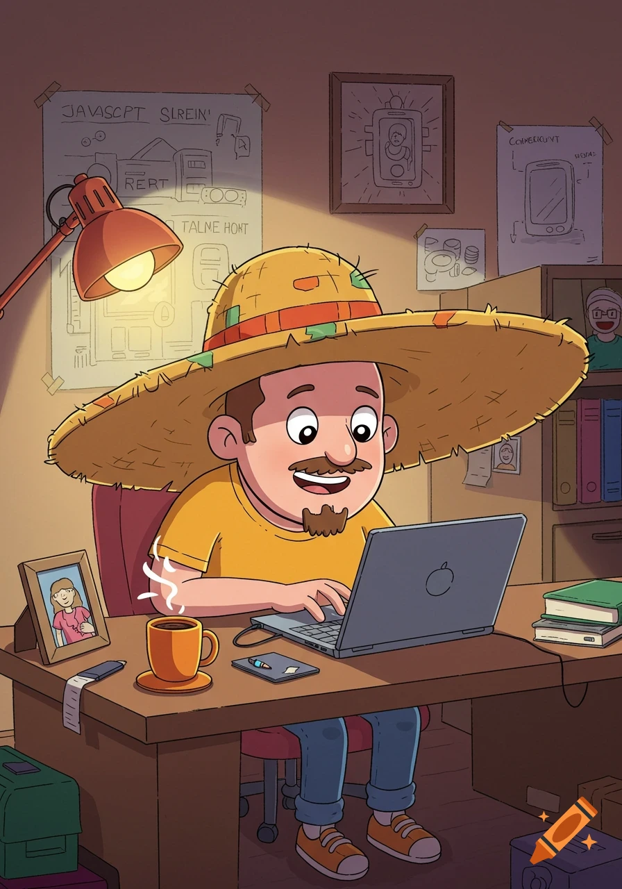 A cartoon man with a goatee and a large straw hat sits at a desk, typing on a laptop, with posters and books in his office.