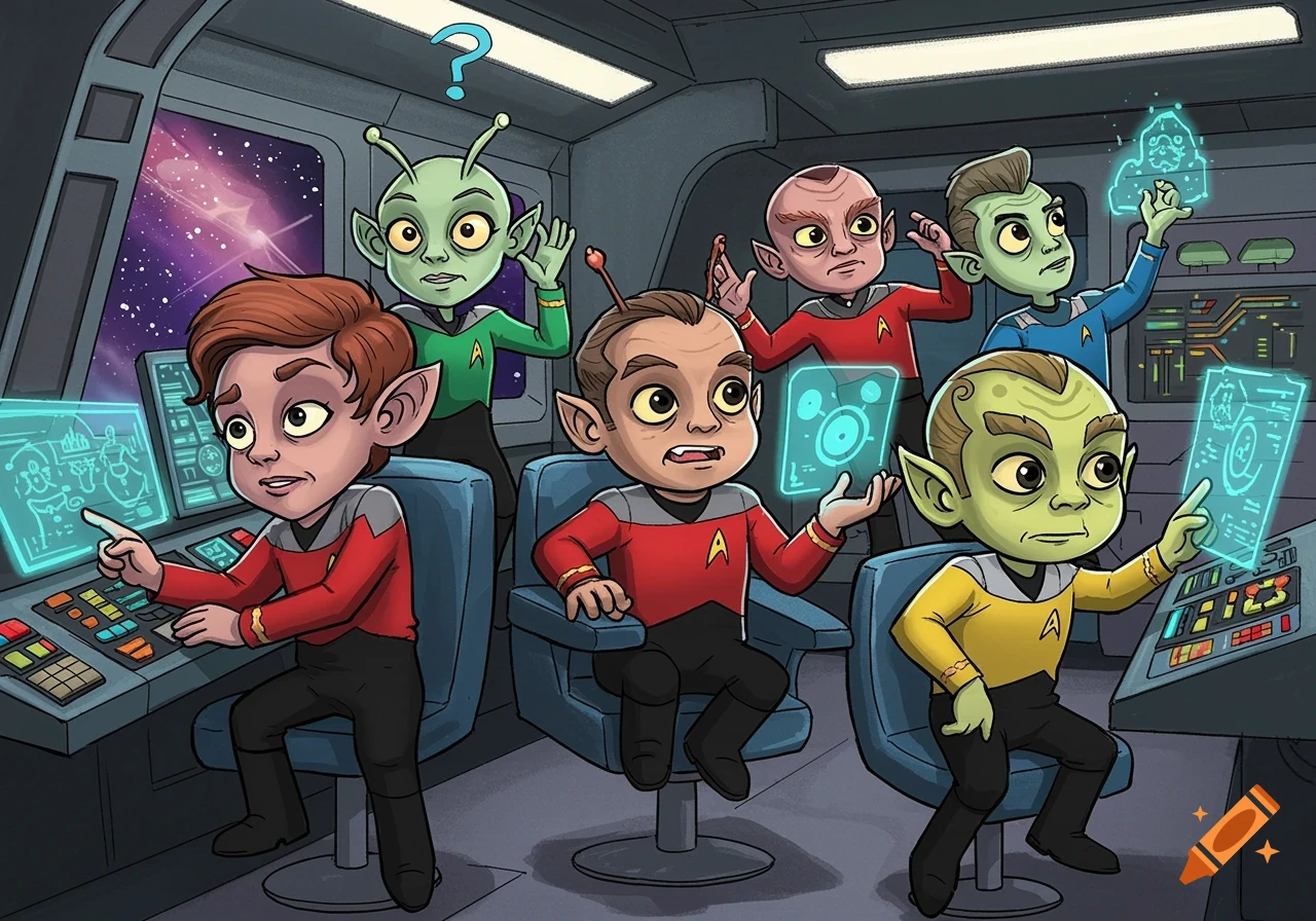 Cartoon alien characters in Star Trek-style uniforms on a spaceship bridge, interacting with glowing holographic screens.