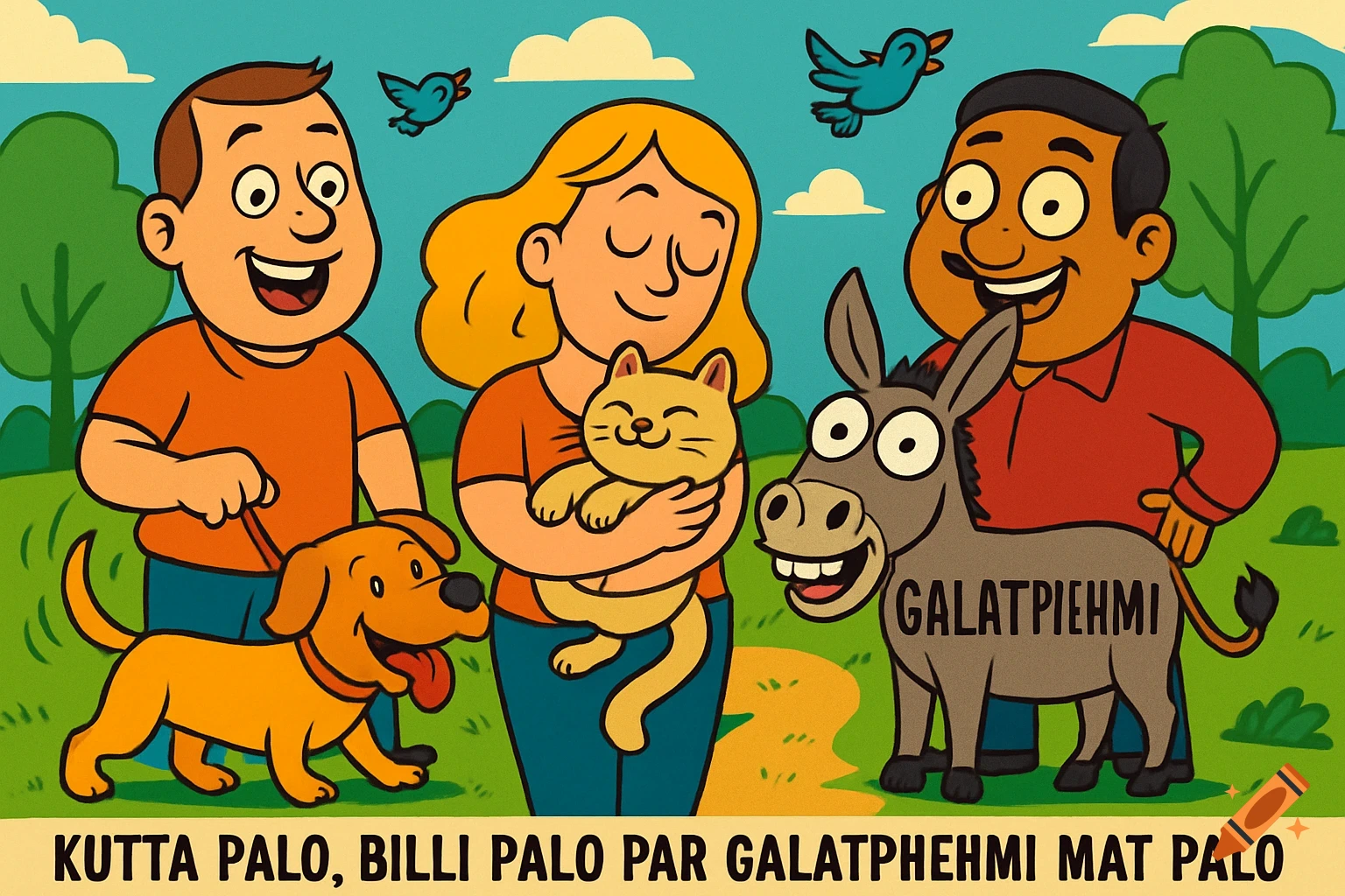 A colorful cartoon of a diverse group of people with their pets in a park. A man with a dog, a woman holding a cat, and another man standing with a donkey. Text is visible on the donkey and as a footnote.