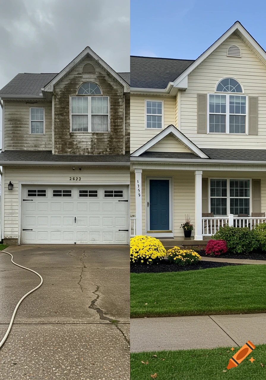 Photorealistic before and after of a house: left side dirty with mold, right side clean with new landscaping and blue sky.