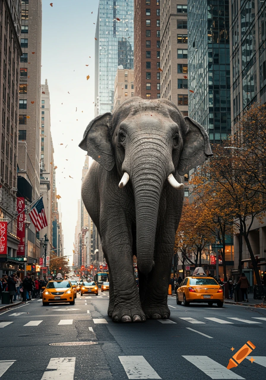 A massive, photorealistic elephant walks down a busy New York City street, surrounded by yellow cabs and tall buildings.