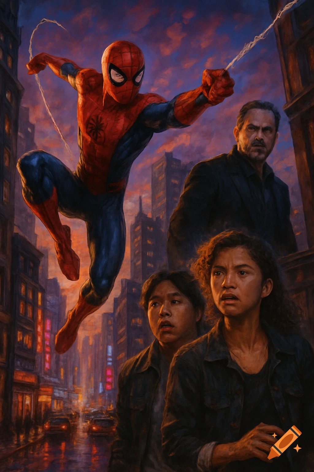 Spider-Man swings through a city at dusk, with several other characters looking up in awe from the street level. Painted style.