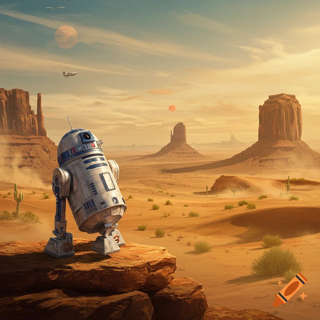 R2-D2 droid stands on a rock in a vast desert landscape with mesas and twin suns under a clear sky.
