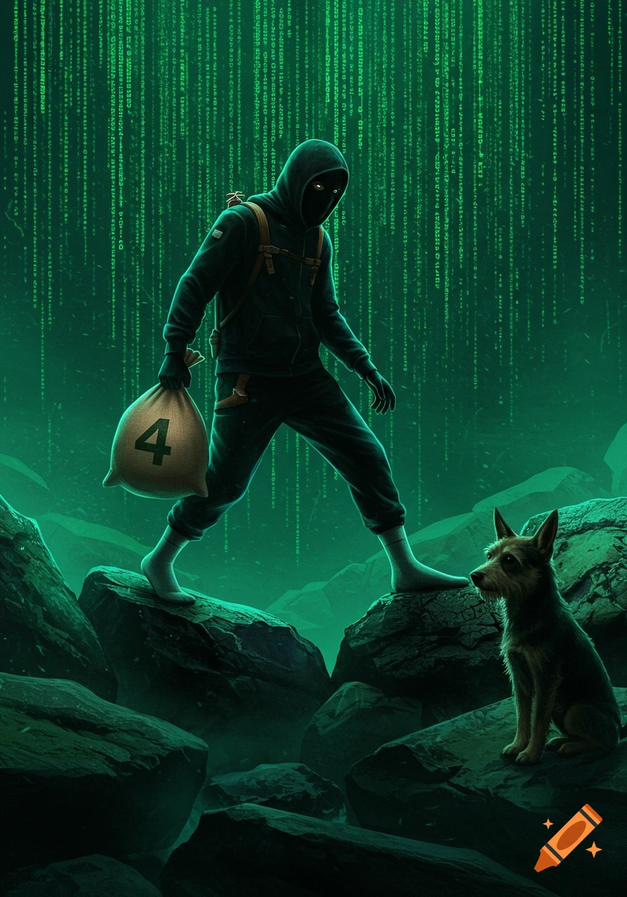 A hooded figure in socks carries a bag with '4' across rocks, while a small dog watches. Green matrix code streams in the background.