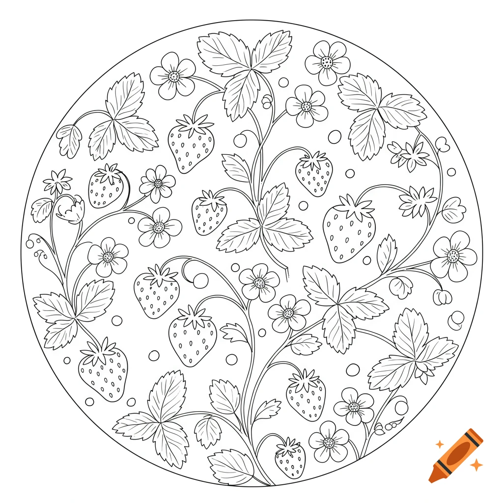 Black and white line art of strawberries, leaves, and flowers arranged in a circular, organic pattern.