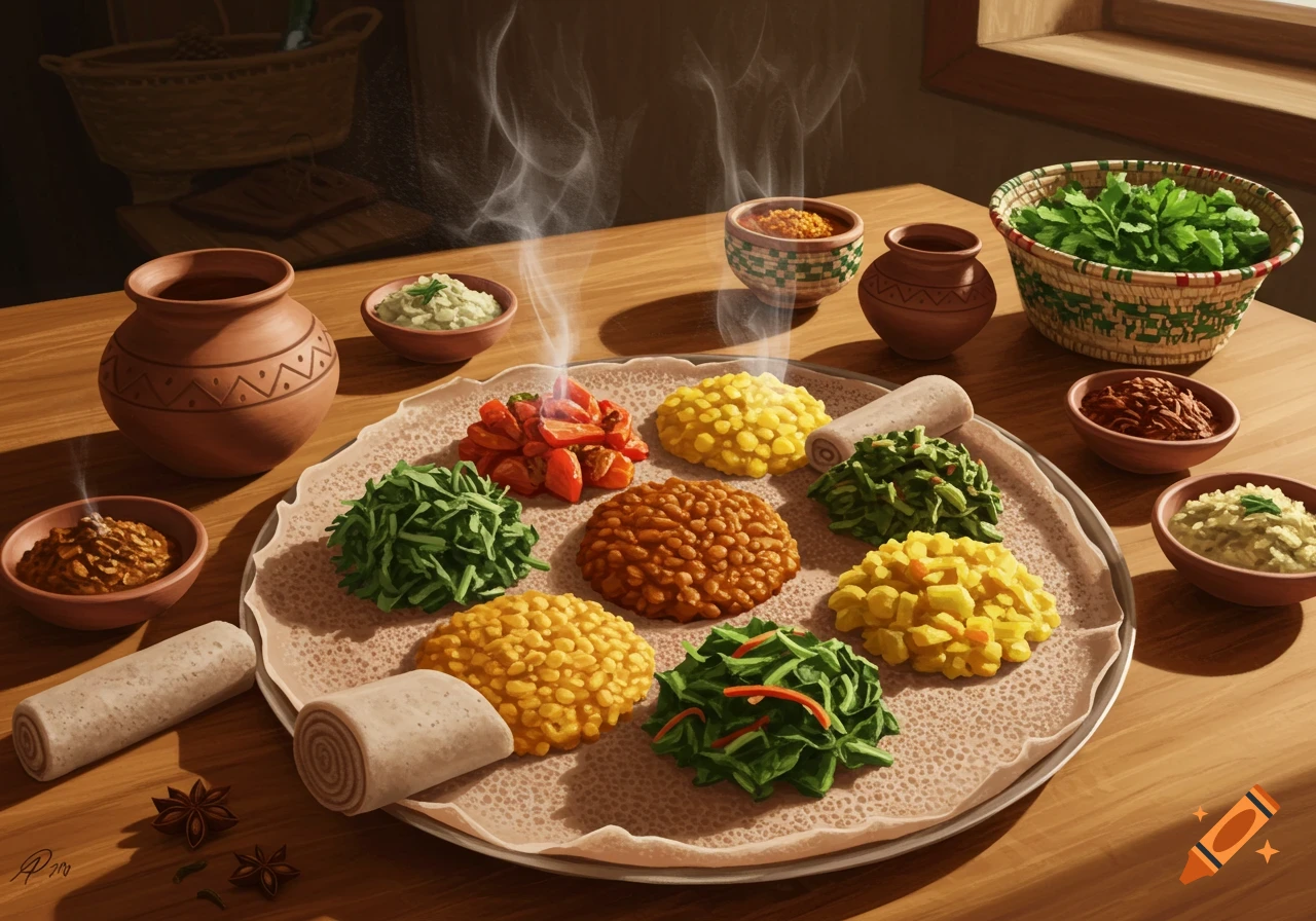 An Ethiopian food spread with various stews and dishes on injera bread, surrounded by small bowls.