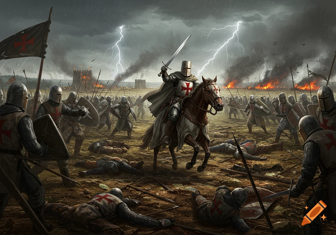 A dramatic battle scene with knights on horseback and foot, wielding swords and shields under a stormy, lightning-filled sky with burning castles in the background.