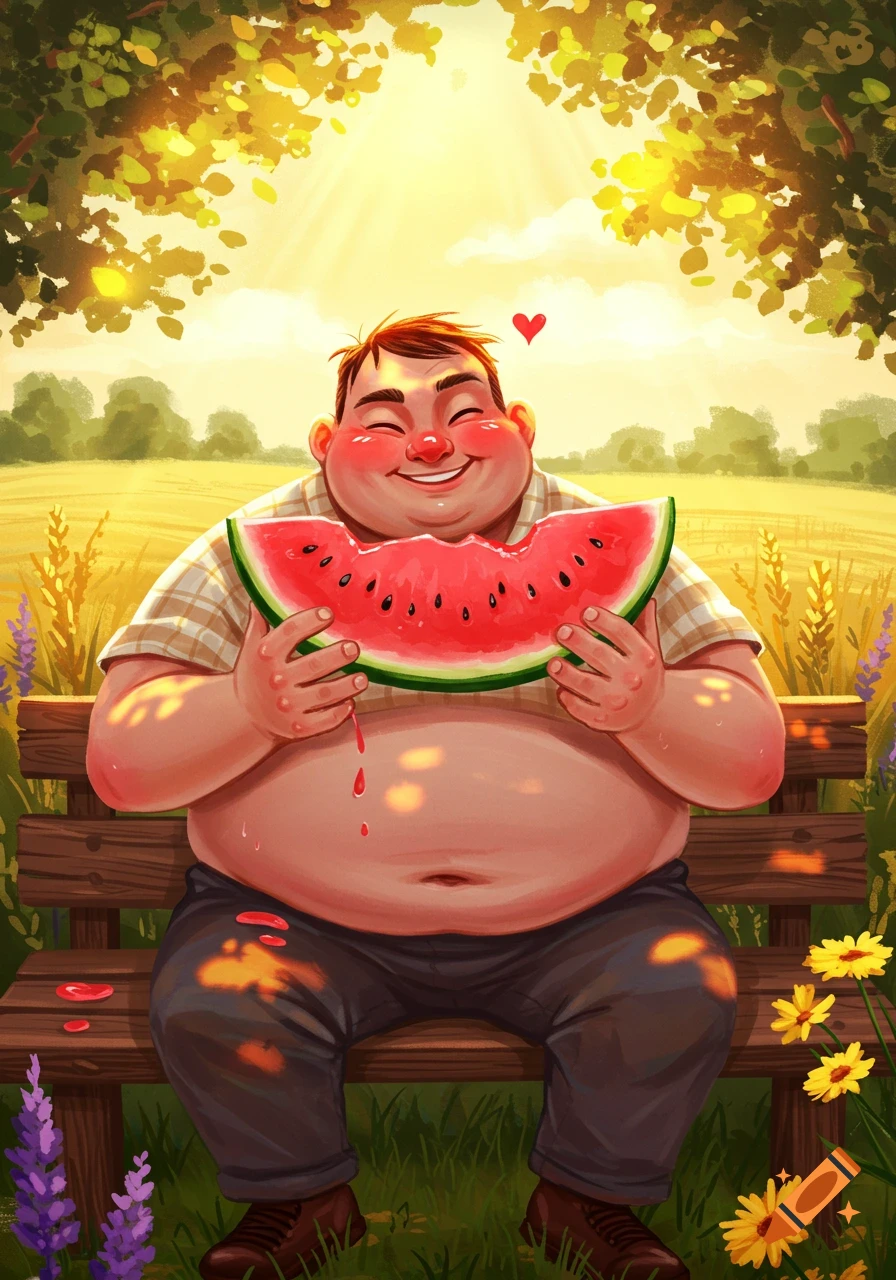 A portly, happy man sits on a bench in a sunny field, joyfully eating a large slice of watermelon in a vibrant cartoon style.