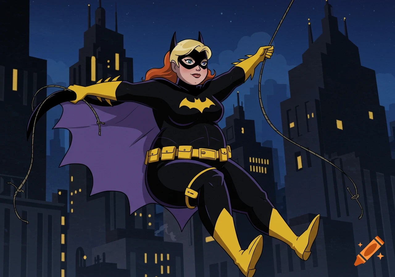 A plus-sized Batgirl in a black and yellow suit and purple cape swings from a rope through Gotham City at night in the style of Batman: The Animated Series.