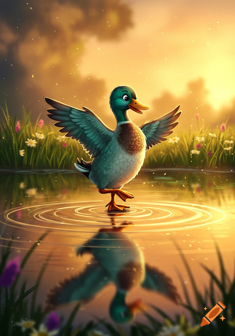 A whimsical cartoon duck stands on one leg with wings spread, in a sunlit pond with ripples, surrounded by grassy banks and wildflowers.