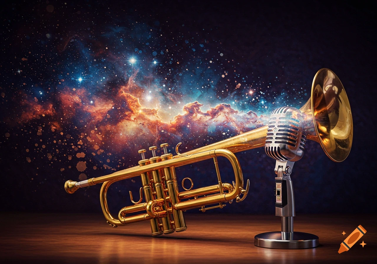 A golden trumpet and a vintage silver microphone on a wooden surface with a vibrant cosmic nebula background.