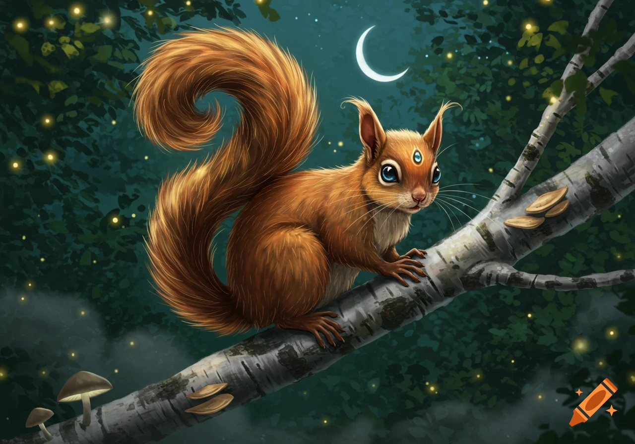 A whimsical digital painting of a brown squirrel with a third eye on a tree branch at night, with fireflies and a crescent moon.