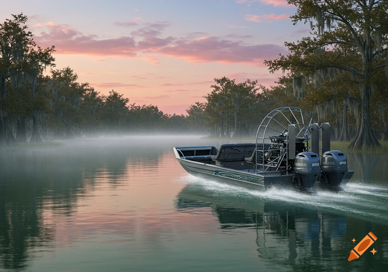 An airboat with two outboard motors speeds across a misty lake at sunset, with cypress trees lining the shore.
