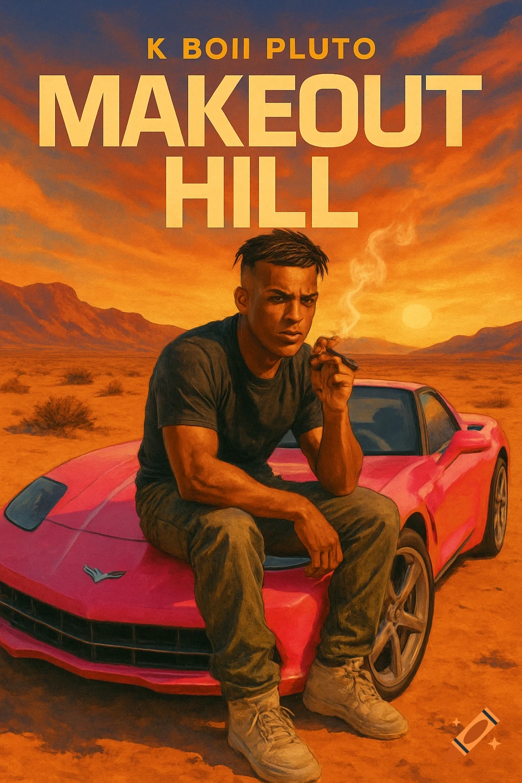 Album cover for K Boii PLUTO's 'MAKEOUT HILL' featuring a man sitting on a pink corvette in a desert sunset, smoking.
