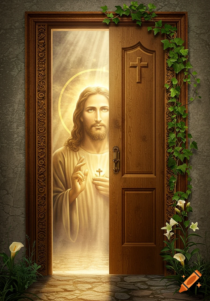 Jesus Christ stands in an open wooden doorway, radiating light and holding a small cross, with vines and flowers surrounding the frame.