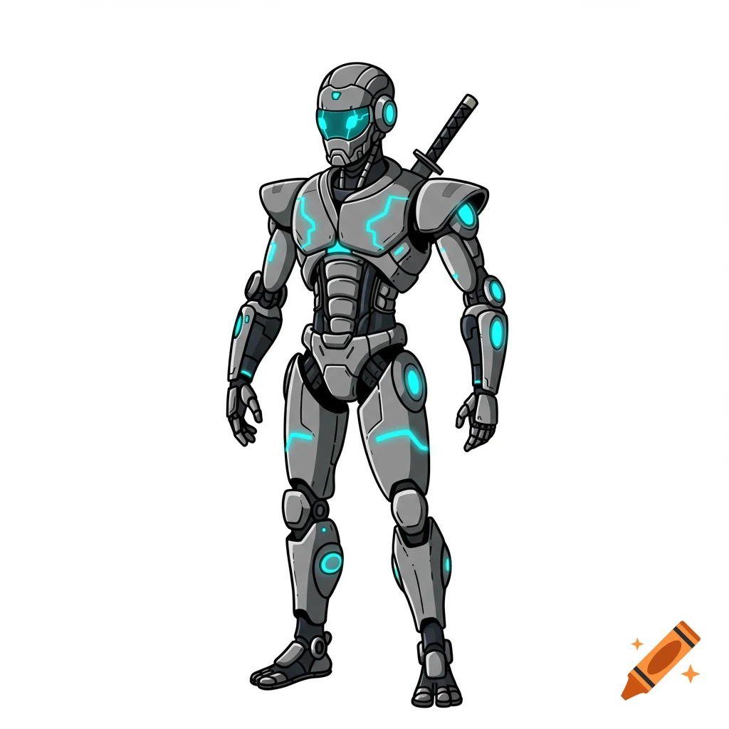 Full-body illustration of a gray robot ninja with glowing blue accents and a sword on its back, in a minimalist style.