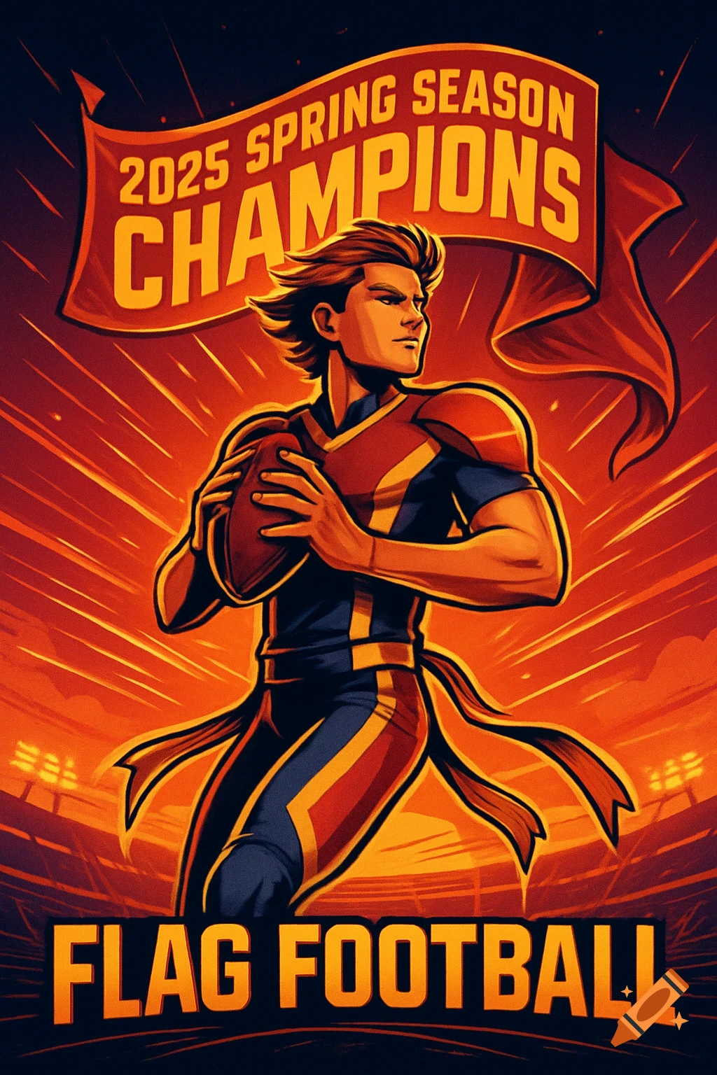 A dynamic poster in superhero style shows a flag football player holding a football, with "2025 Spring Season Champions" and "Flag Football" text.