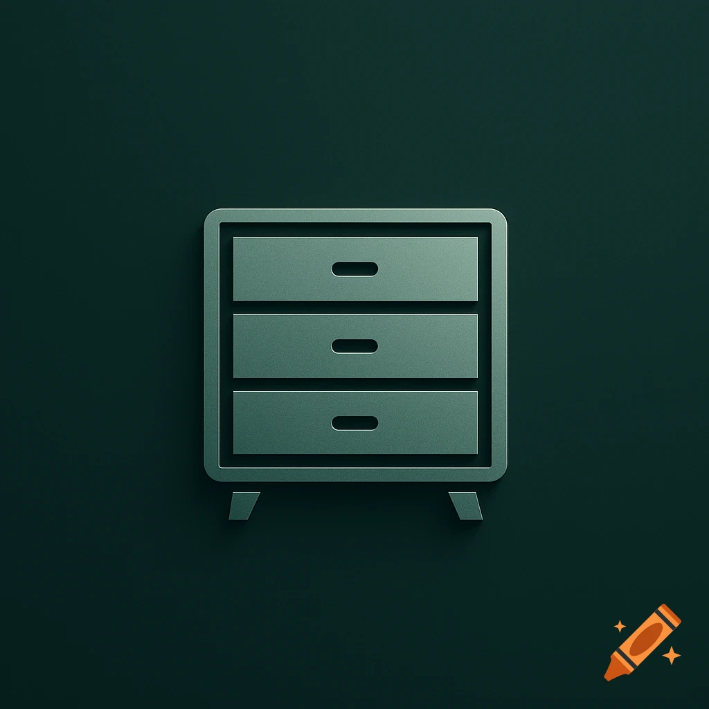 A minimalist logo of a three-drawer dresser in green on a dark green background.