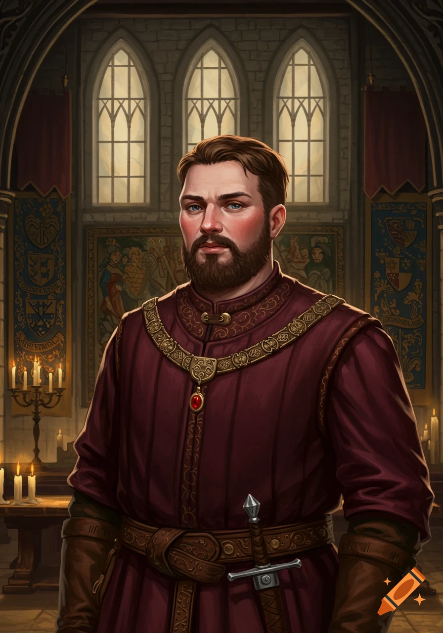 A portrait of a medieval lord with a beard, wearing a red robe and ornate collar, standing in a gothic hall.