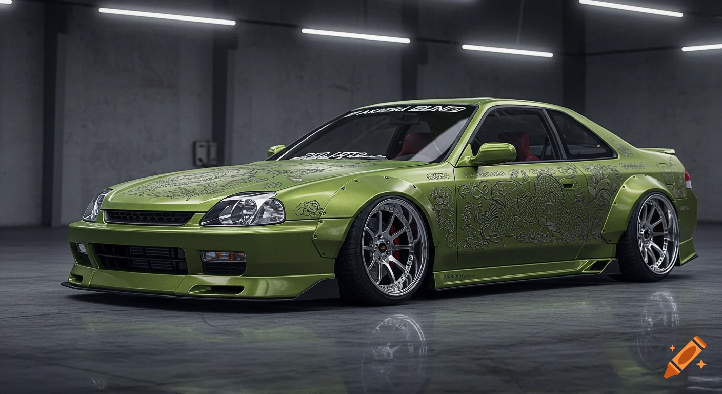 A custom bright green 2000 Honda Prelude with an aggressive widebody kit, intricate engraved Japanese motifs, and chrome wheels, parked in a dimly lit industrial garage.