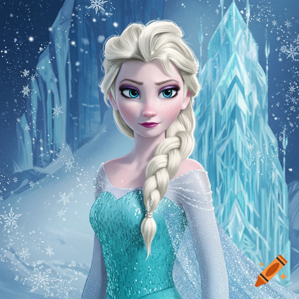 Elsa from Frozen in her ice dress with a braid, standing in a snowy landscape with ice castles and falling snowflakes.