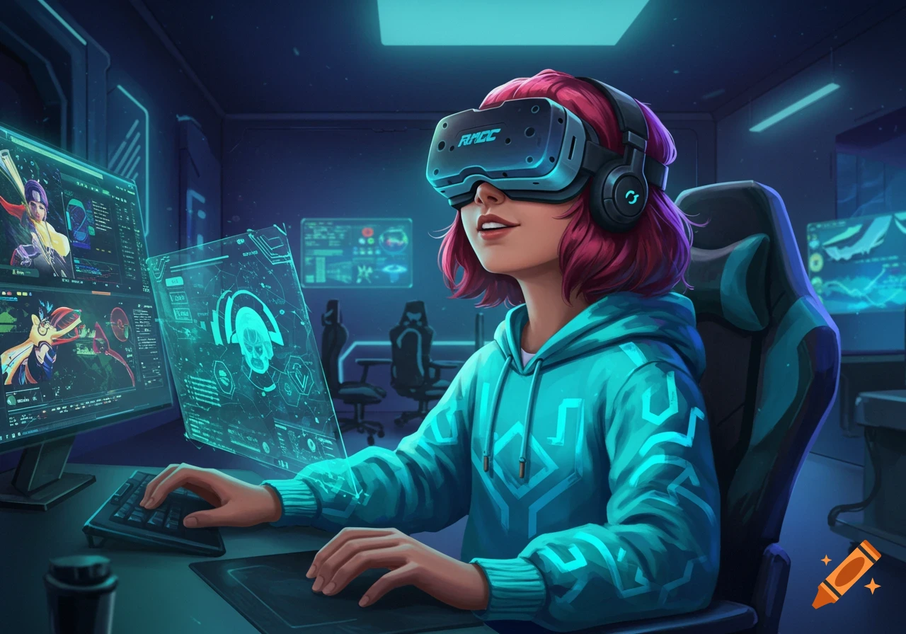 A young woman with pink hair wearing a VR headset and hoodie, sitting at a desk with multiple holographic screens and a keyboard in a futuristic room.