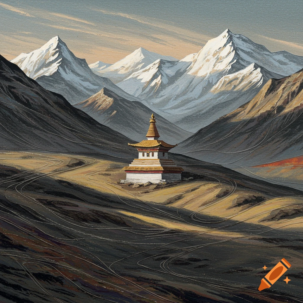 Abstract artwork showing a Buddhist chorten in rocky, snow-capped mountains with winding paths.