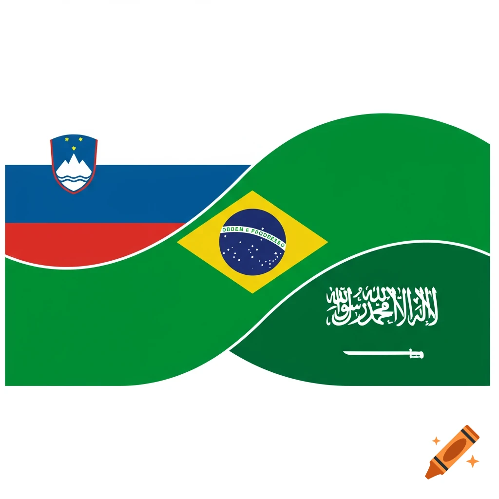 A wavy design featuring the flags of Slovenia, Brazil, and Saudi Arabia merged together on a white background.