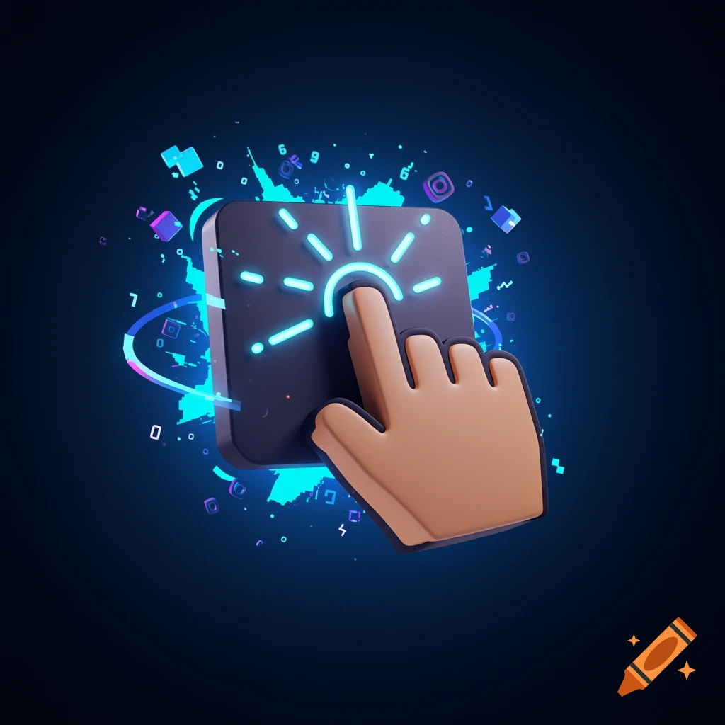 A 3D cartoon hand clicks a glowing button surrounded by abstract digital elements on a dark background.