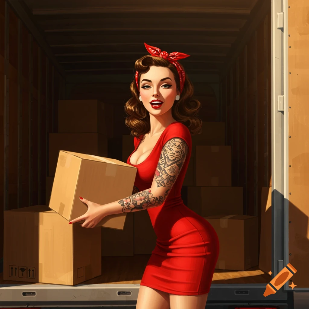 A confident pin-up style woman in a red dress smiles while lifting a cardboard box from the back of a truck filled with other boxes.