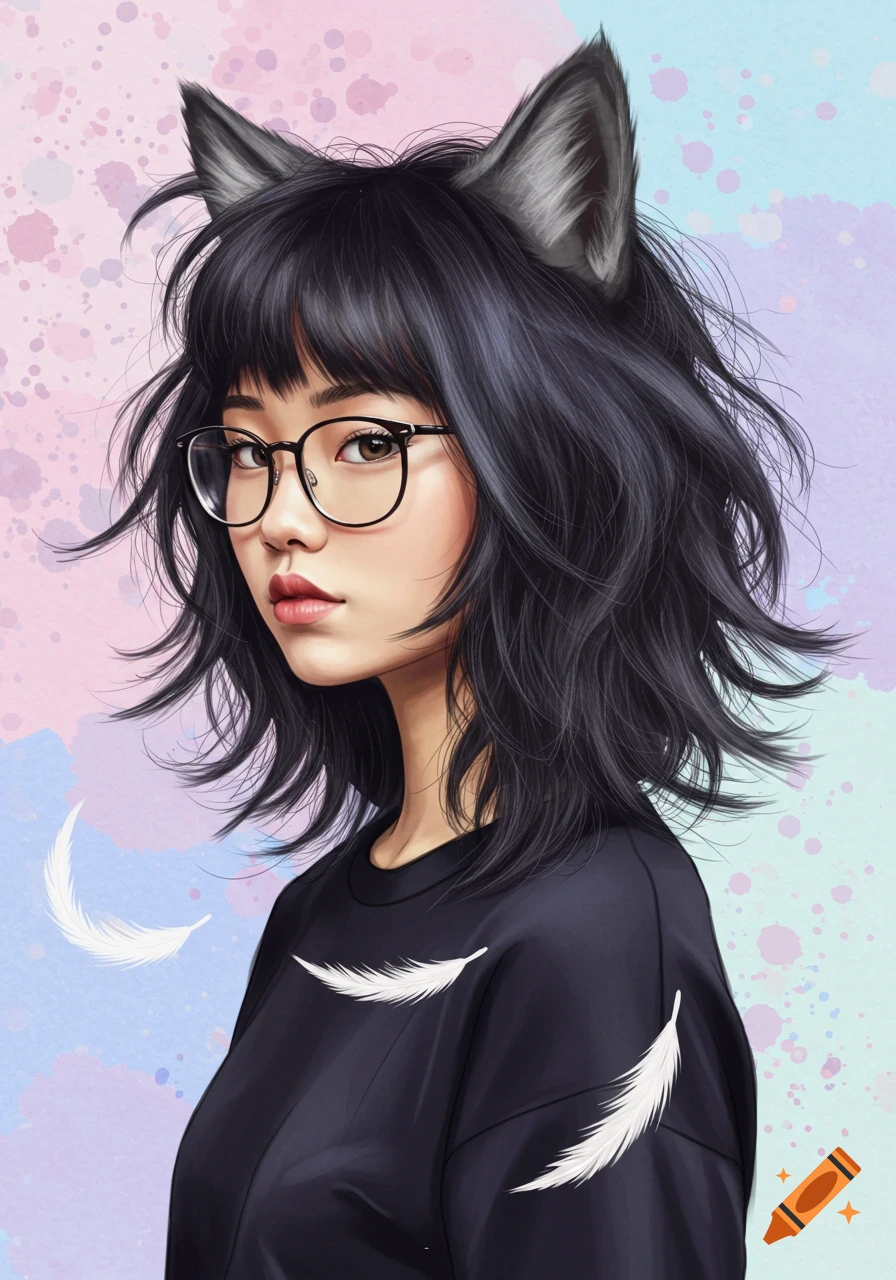 Digital art portrait of an Asian woman with black hair, glasses, and cat ears, with falling white feathers on a pastel background.
