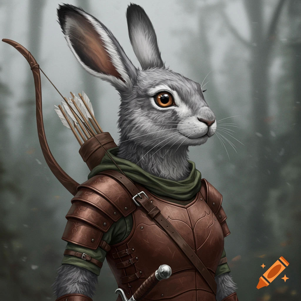 A realistic headshot of a grey bipedal hare in brown leather armor with a bow and quiver in a misty forest.