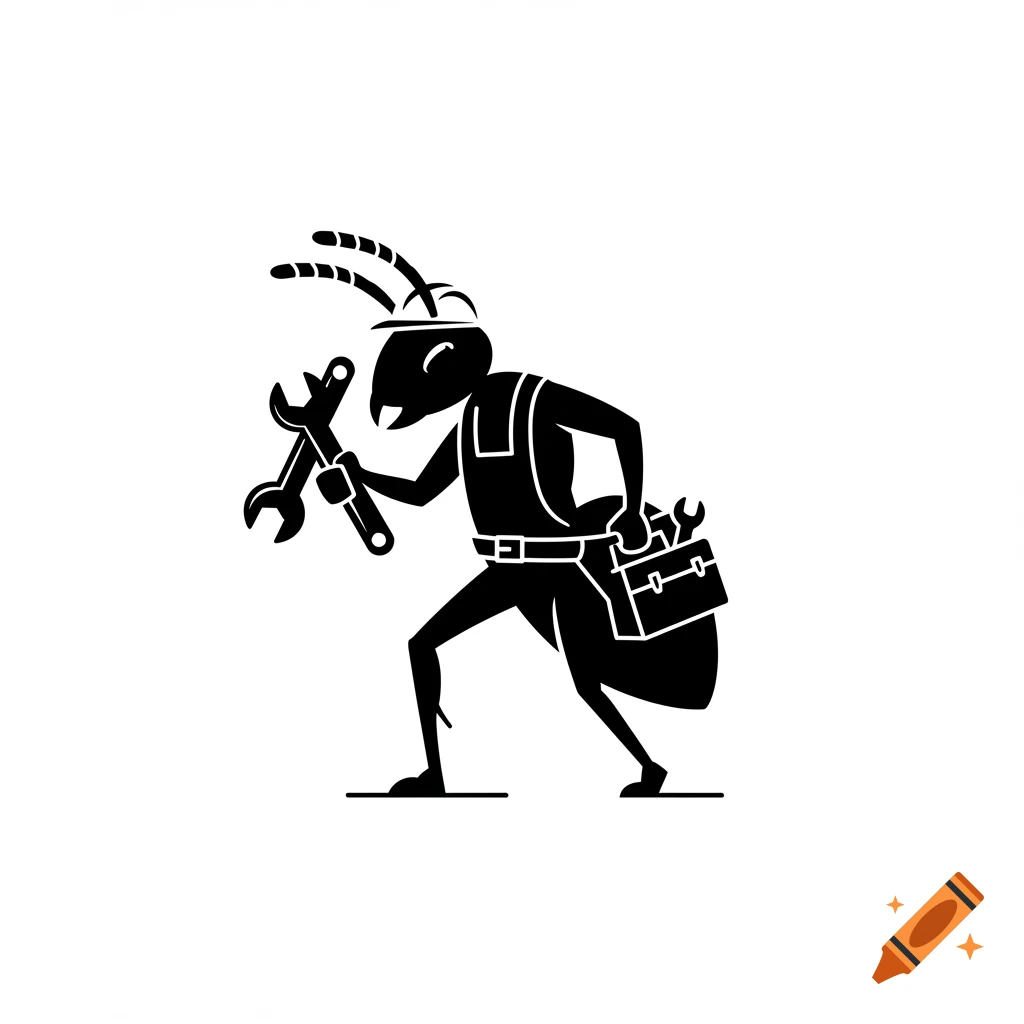 A black silhouette icon of an ant wearing a hard hat and overalls, holding a spanner and a toolkit.