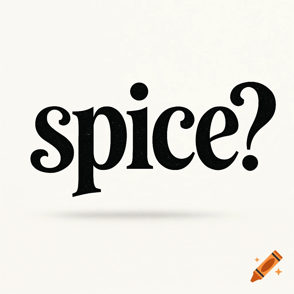 The word 'spice?' in black, bold, slightly tilted serif font on a light background with a subtle shadow.