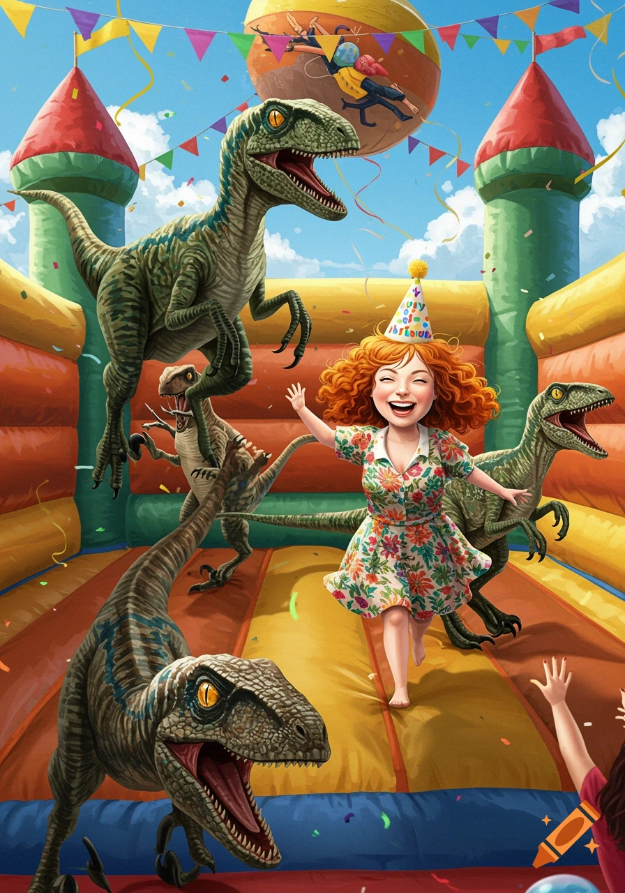 A playful illustration of raptors on a colorful bouncy castle with a smiling ginger-haired girl in a birthday hat and confetti.