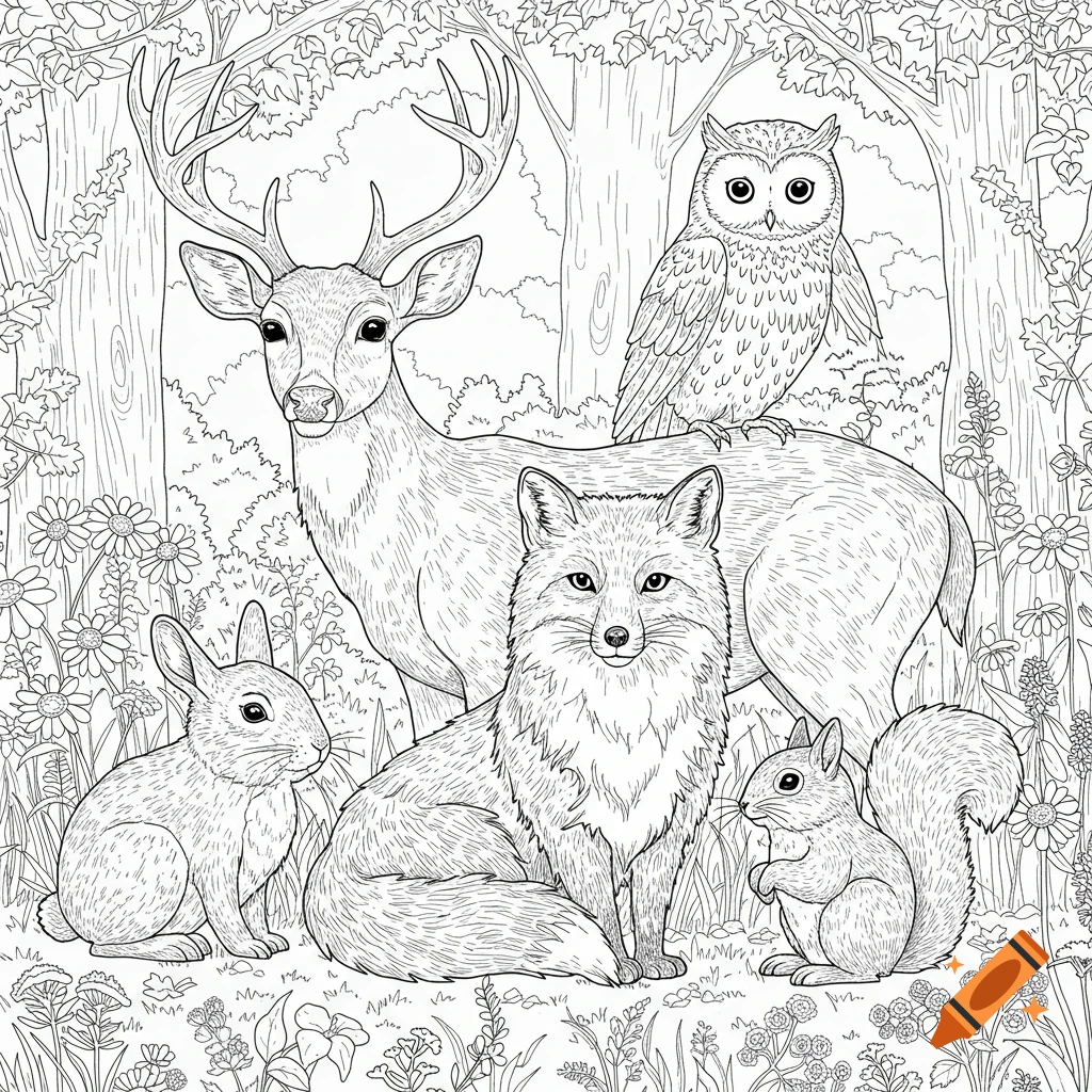 Black and white line art of a deer, fox, rabbit, squirrel, and owl in a forest, suitable for a coloring book.