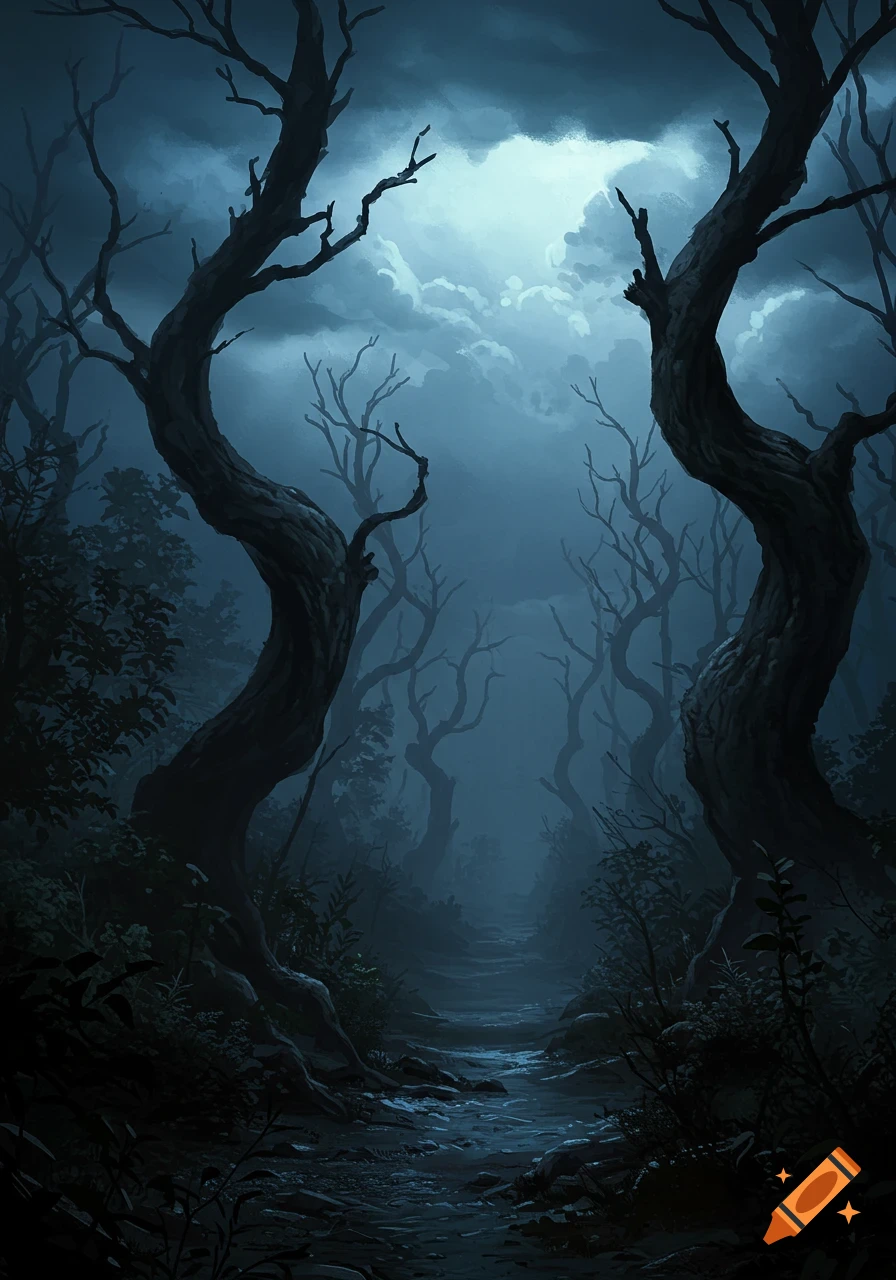 An eerie, dark forest at night with gnarled trees and a winding path illuminated by moonlight through cloudy skies.