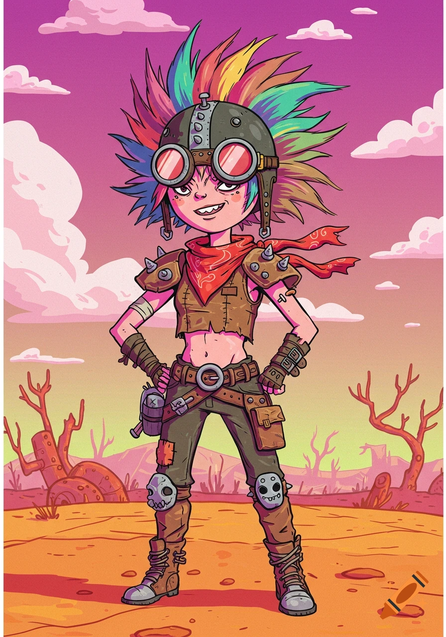 A cartoon post-apocalyptic raider girl with rainbow hair and goggles stands in a desert landscape.