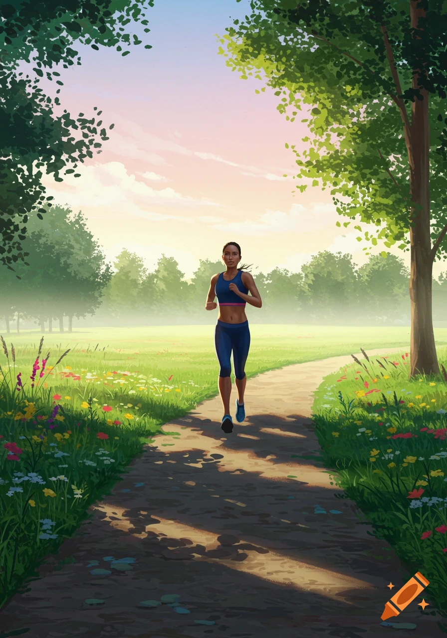 An athletic woman jogs along a path in a lush green park with flowers during sunrise or sunset.