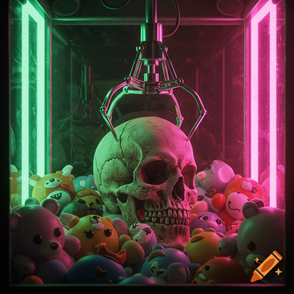 A realistic human skull is being picked up by a claw in a neon-lit claw game filled with colorful plush toys.