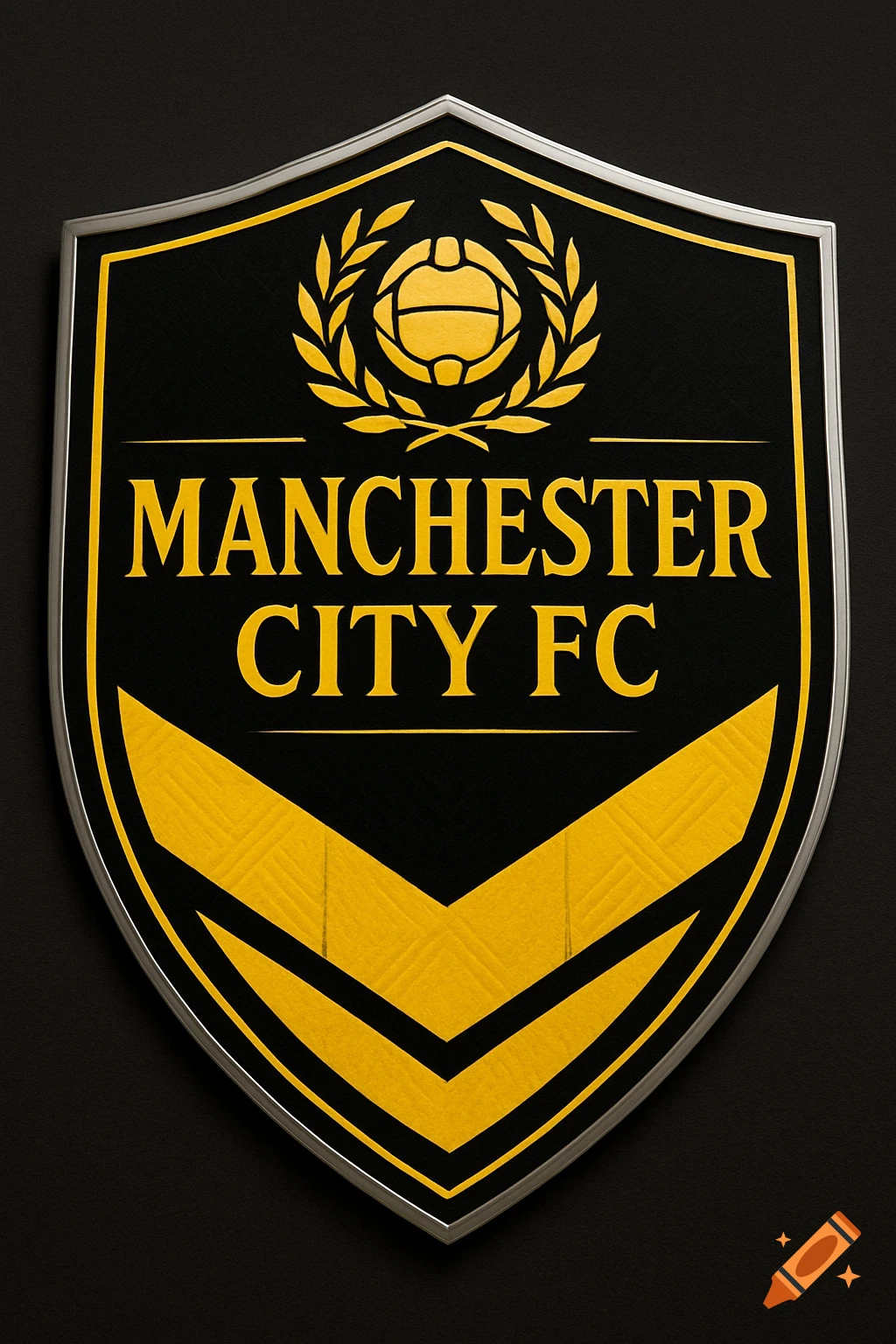 A black and gold football club badge with the text "MANCHESTER CITY FC" and a football icon surrounded by laurel wreaths.