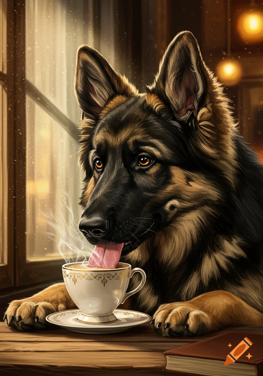 A German Shepherd dog with its tongue in a steaming teacup on a wooden table, in an illustrative style.