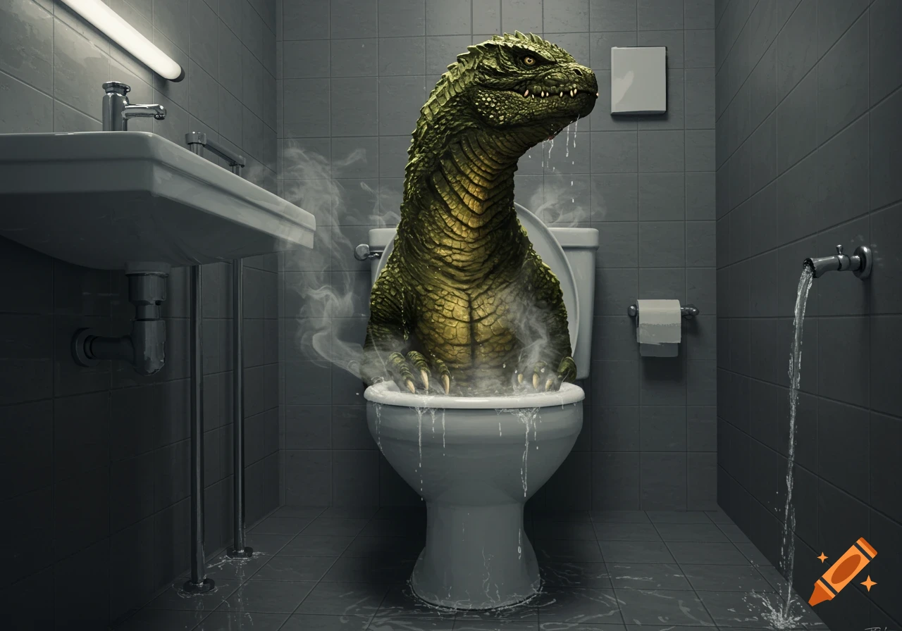 A large, green, scaly monster resembling Godzilla emerges from a toilet in a gray tiled bathroom, with steam and water dripping.