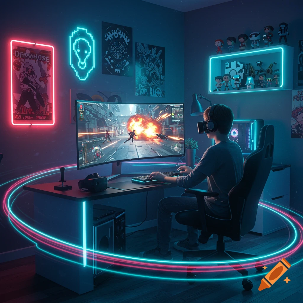 A young person with headphones plays a futuristic video game on a curved monitor in a neon-lit room with posters and collectibles.