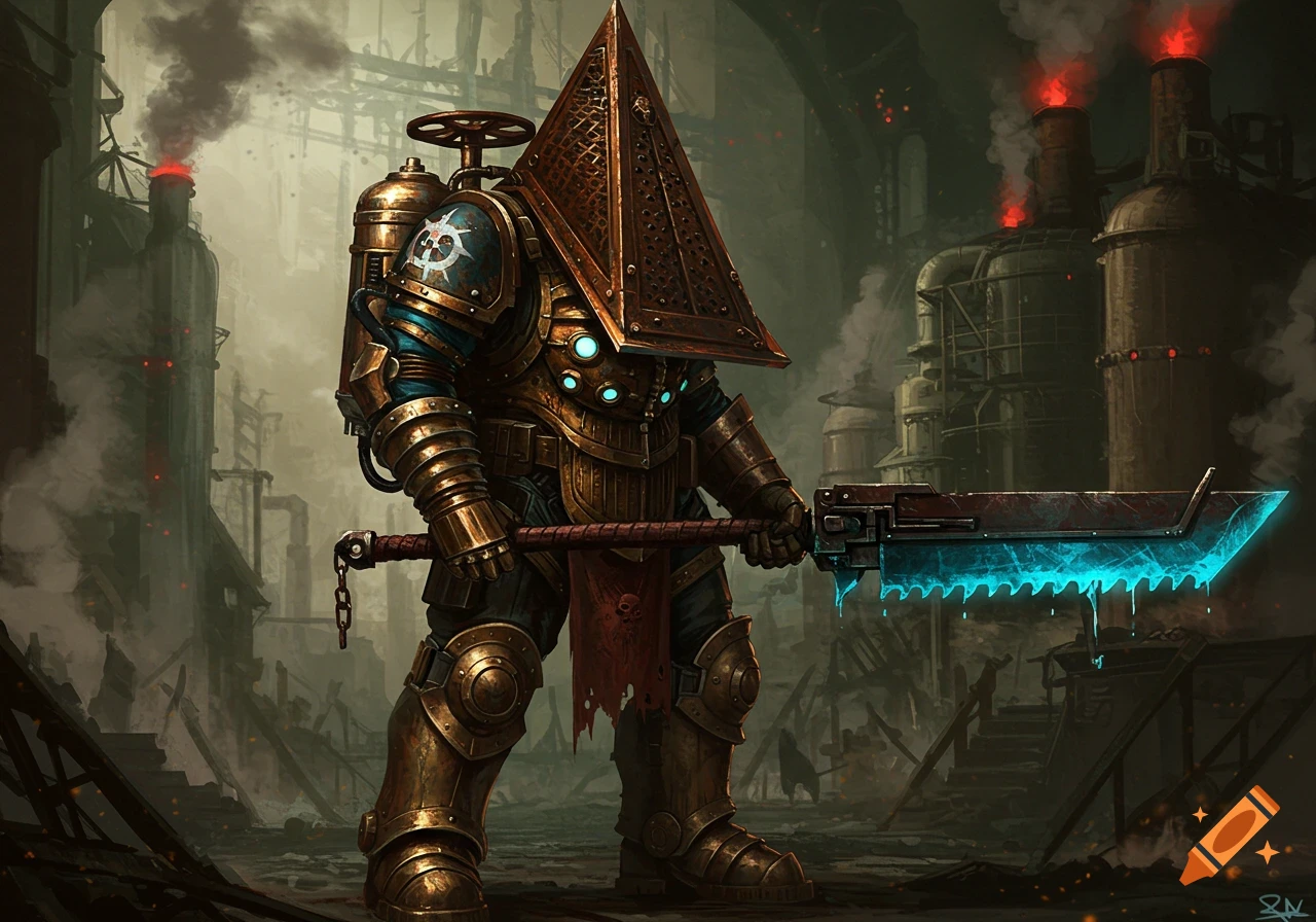 A heavily armored character resembling a mix of Pyramid Head and a Big Daddy, with a glowing blue cleaver, stands in a dark industrial factory.